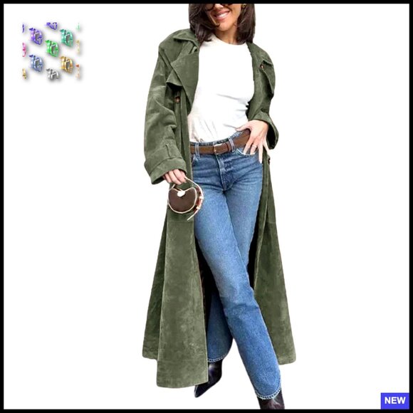 Jackets & Blazers - Faux Suede Long Trench Coat Notched Lapel Double Breasted Pea Coat Slim Fit